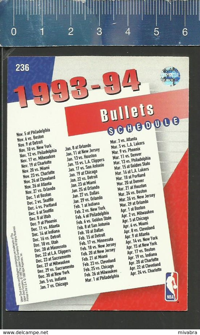 NBA UPPER DECK TRADING CARD BASKETBALL 1993-94 SCHEDULE - N° 236 - BULLETS - 1990-1999