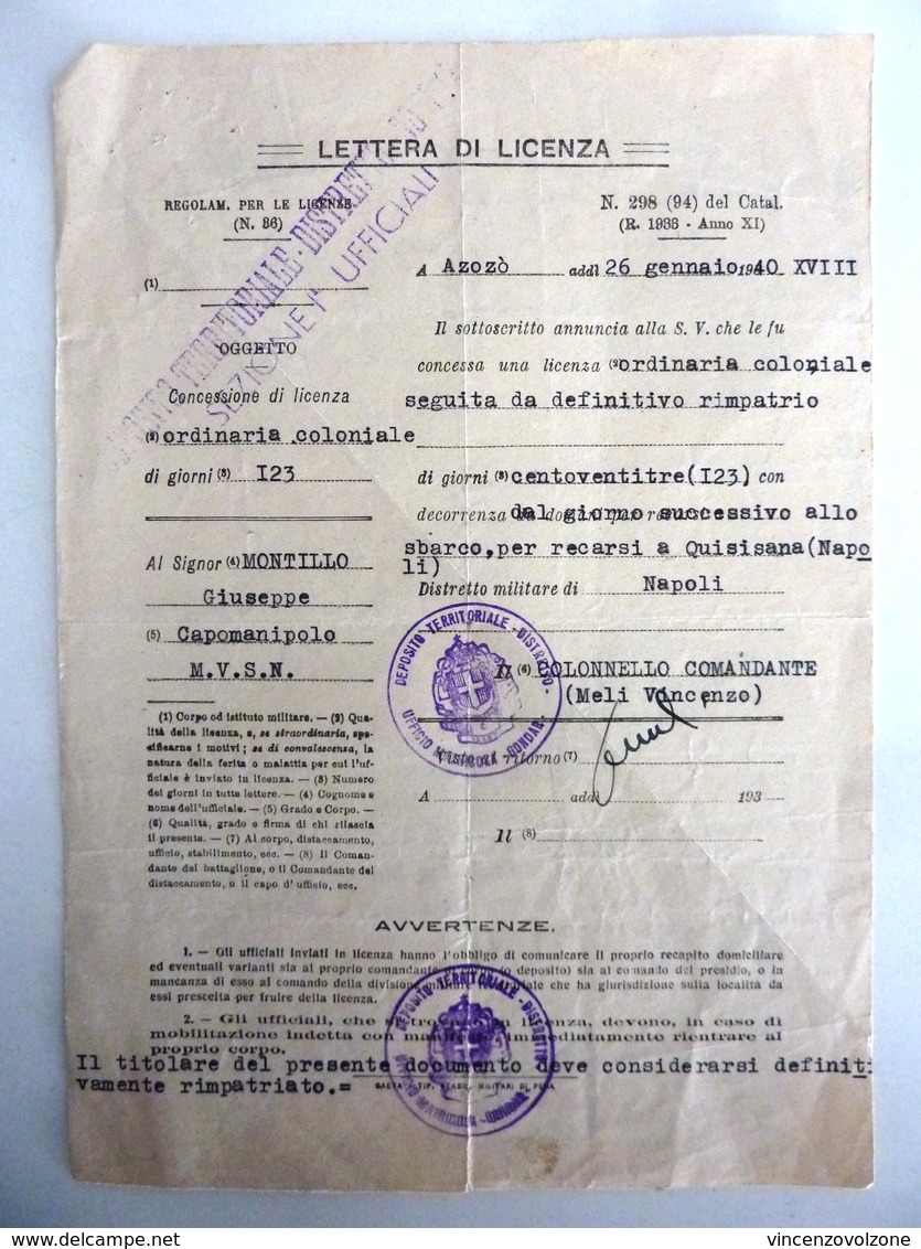 Documento "LETTERA DI LICENZA ORDINARIA COLONIALE" - Manoscritti