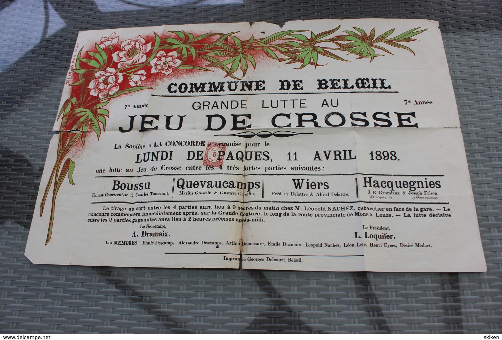 BELOEIL  GRANDE LUTTE AU JEU DE CROSSE Lundi De Paques 11 Avril 1898 Boussu Quevaucamps Wiers Hacquegnies   36cm/54cm - Affiches