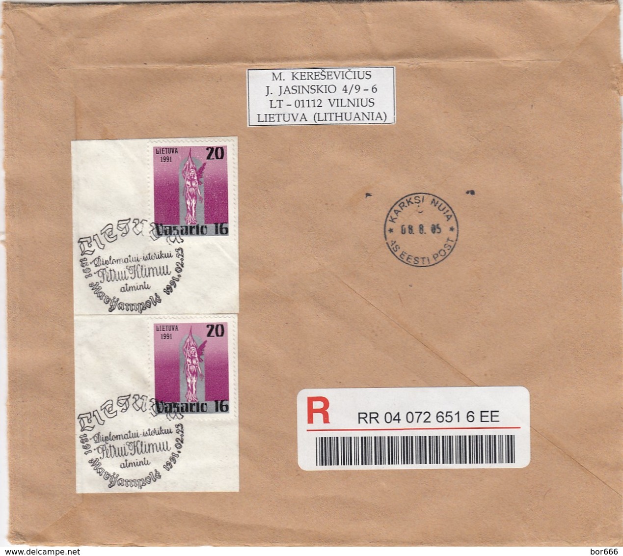 GOOD LITHUANIA " REGISTERED "  Postal Cover To ESTONIA 2005 - Good Stamped: Knight ; Angel - Lithuania