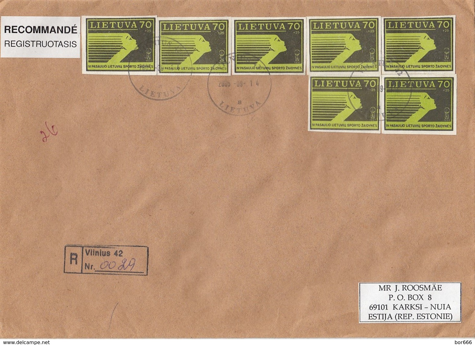 GOOD LITHUANIA " REGISTERED "  Postal Cover To ESTONIA 2005 - Good Stamped: Sport - Lithuania