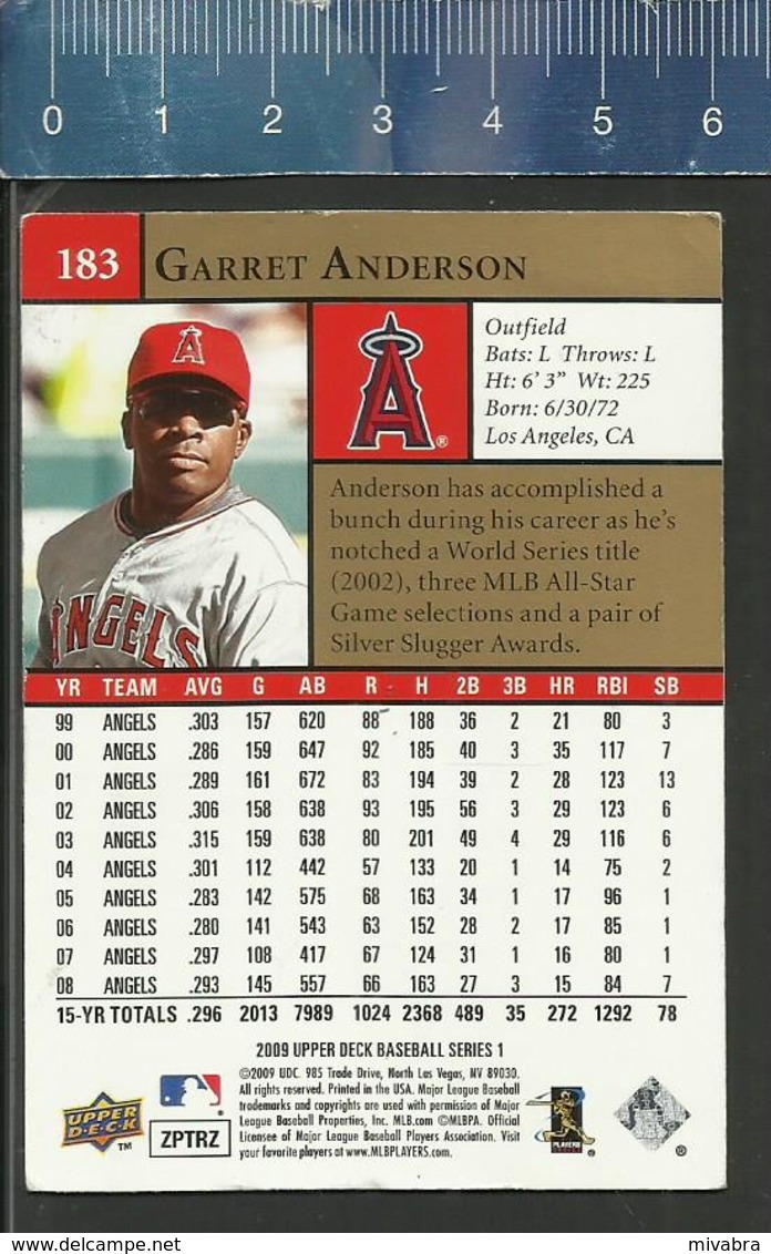 MLB UPPER DECK TRADING CARD 2009 BASEBALL SERIES 1 - N° 183 - GARRET ANDERSON - 2000-Heute