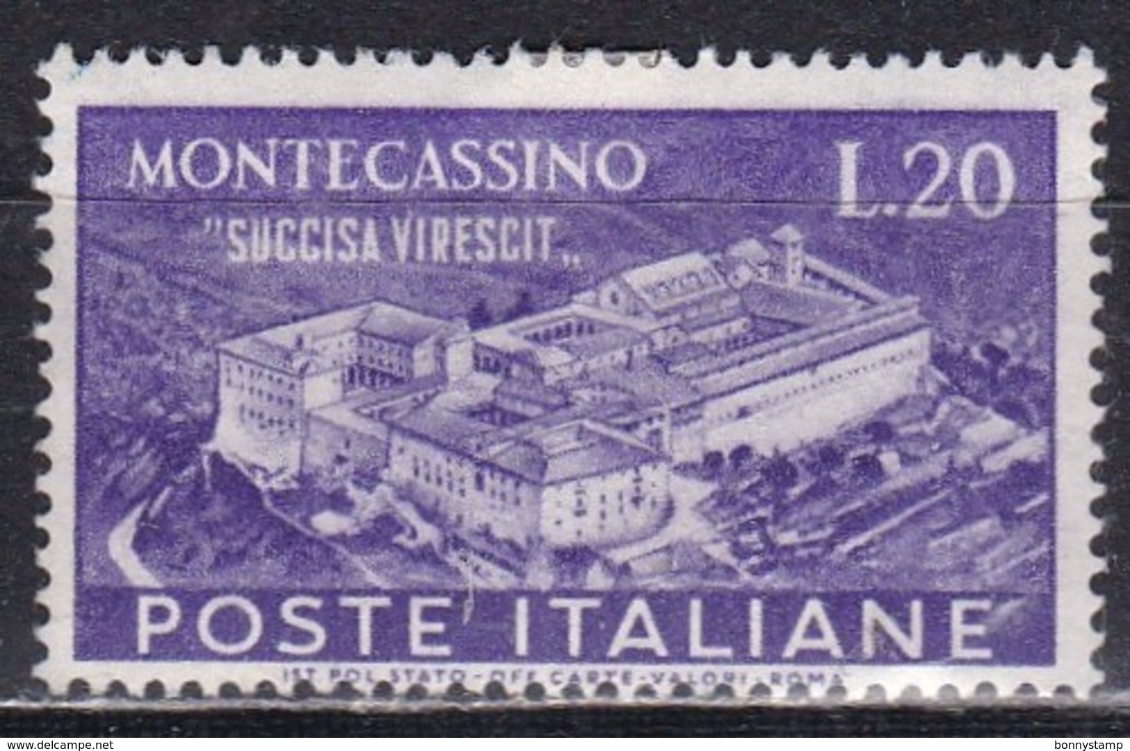 Repubblica Italiana, 1951 - 20 Lire Montecassino - Fil. R1 - Pos. CS - Nr.155 MLH* - Varietà E Curiosità
