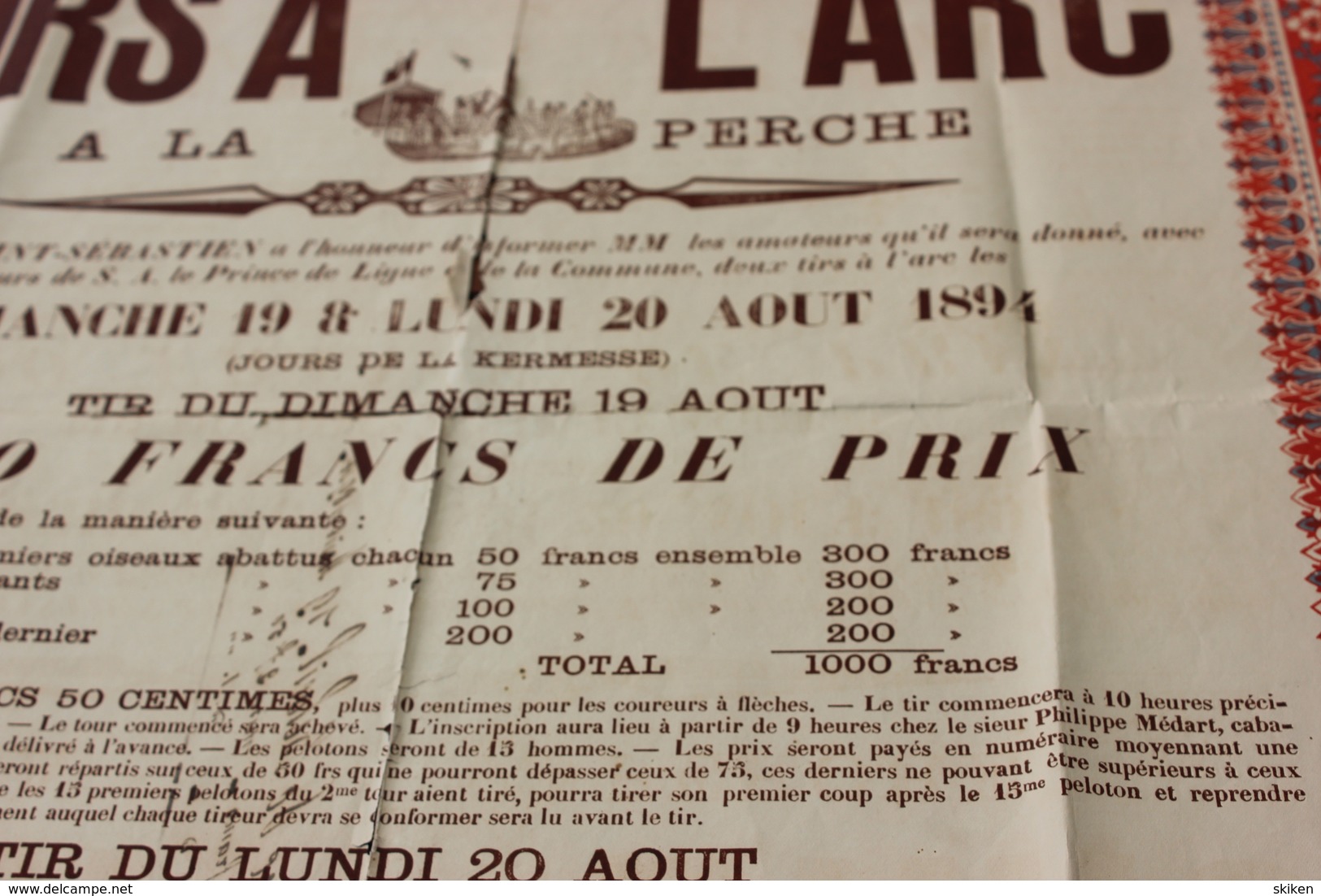 BELOEIL  TIRS A L ARC A LA PERCHE Kermesse Du Dimanche 19 Lundi 20 Aout  1894 Societe St Sebastien   60cm/85cm - Affiches