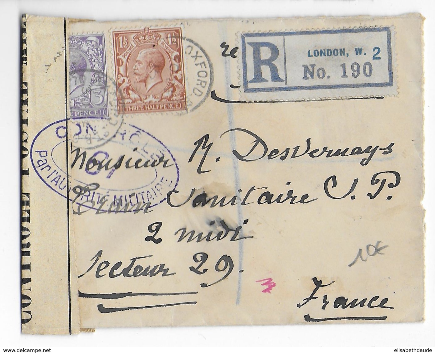 GB - 1916 - LETTRE RECO De LONDON Avec CENSURE N°19 => TRAIN SANITAIRE SECTEUR POSTAL 29 - Guerre De 1914-18