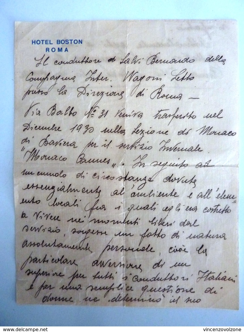 Lettera Manoscritta Su Carta Intestata "HOTEL BOSTON ROMA  CONDUTTORE COMPAGNIA  FERROVIARIA INTERNAZIONALE WAGON LITS" - Manuscrits