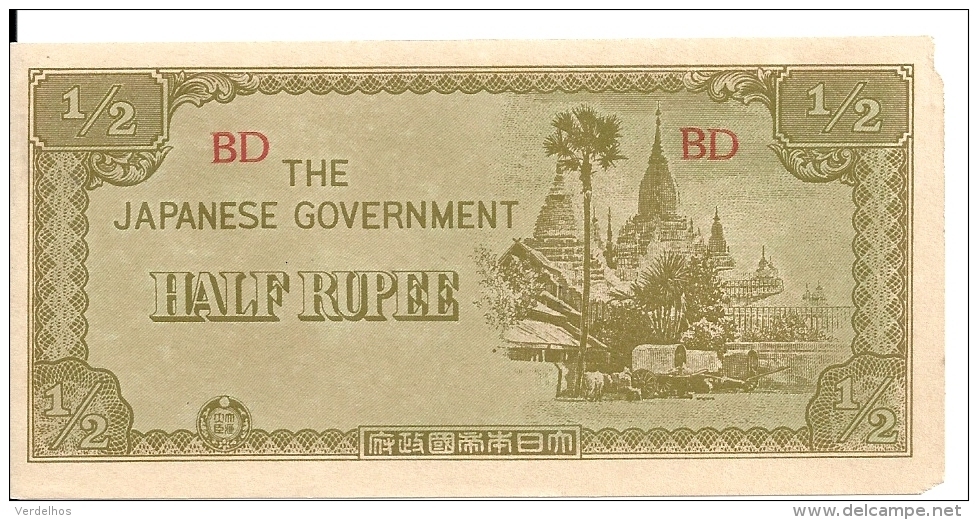 JAPANESE GOVERNMENT 1/2 RUPEE  1942 VF+ P 13 B - Myanmar