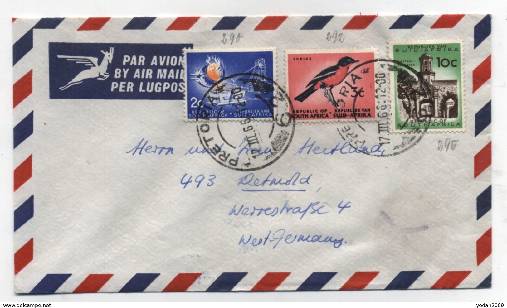 South Africa BIRDS AIRMAIL COVER TO Germany 1966 - Covers & Documents