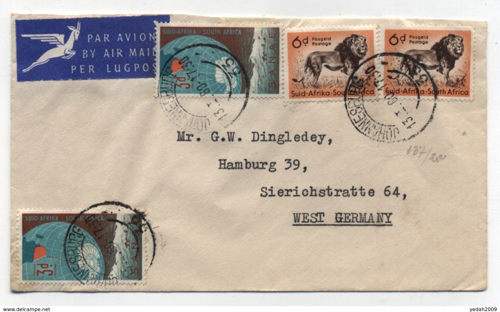 South Africa LION AIRMAIL COVER TO Germany 1960 - Posta Aerea