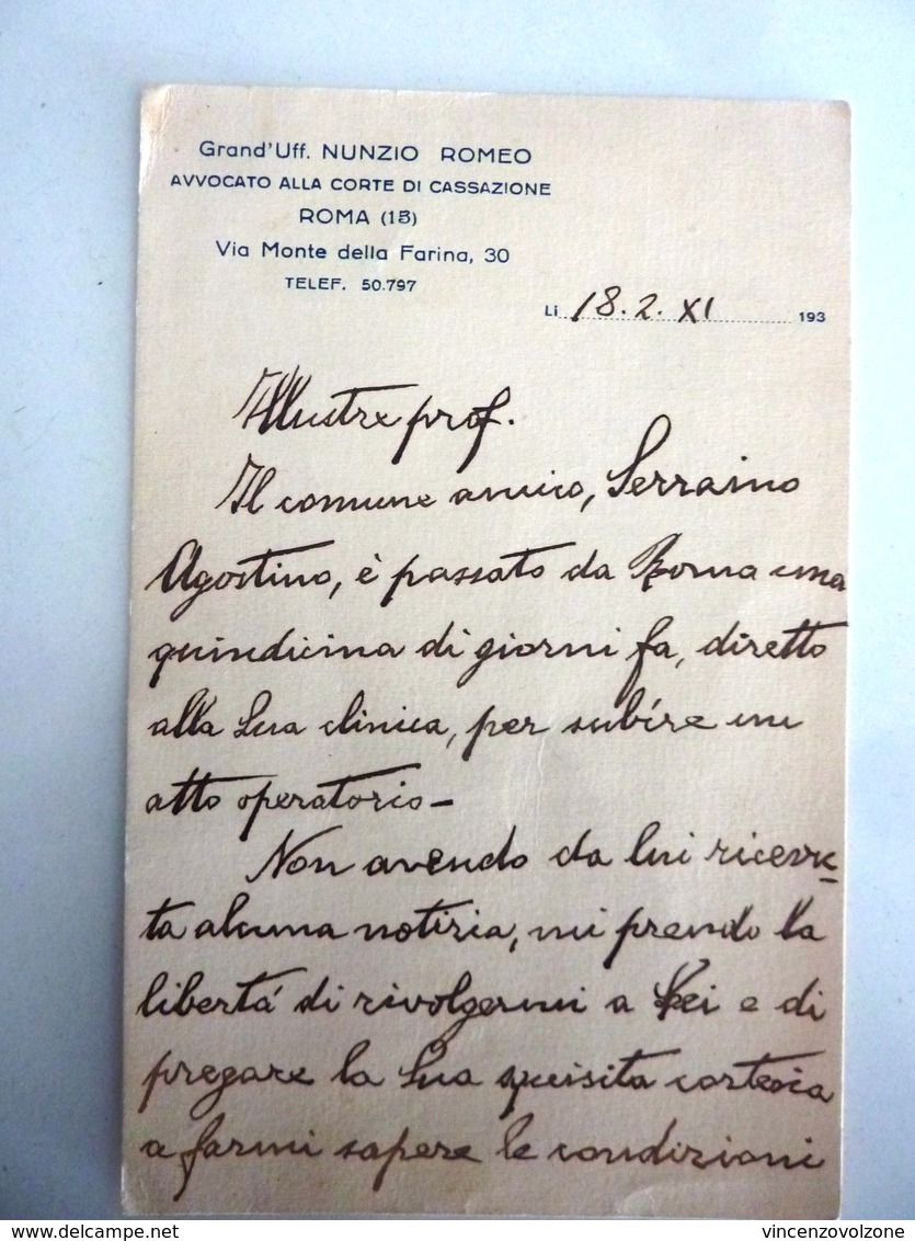 Cartoncino Manoscritto "Grand. Uff. NUNZIO ROMEO Avvocato Corte Di Cassazione" Anni '30 - Manoscritti