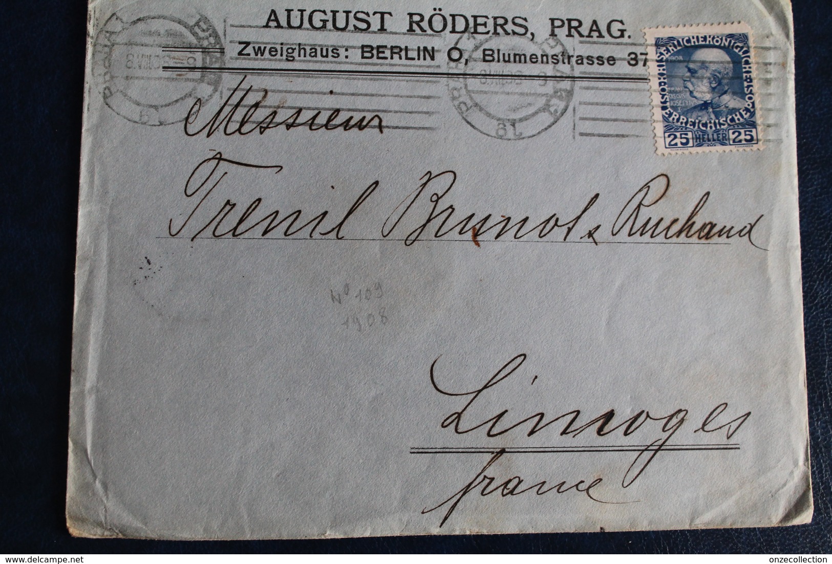 1908        ENVELOPPE    DE  PRAGUE  POUR  LIMOGES - ...-1918 Préphilatélie