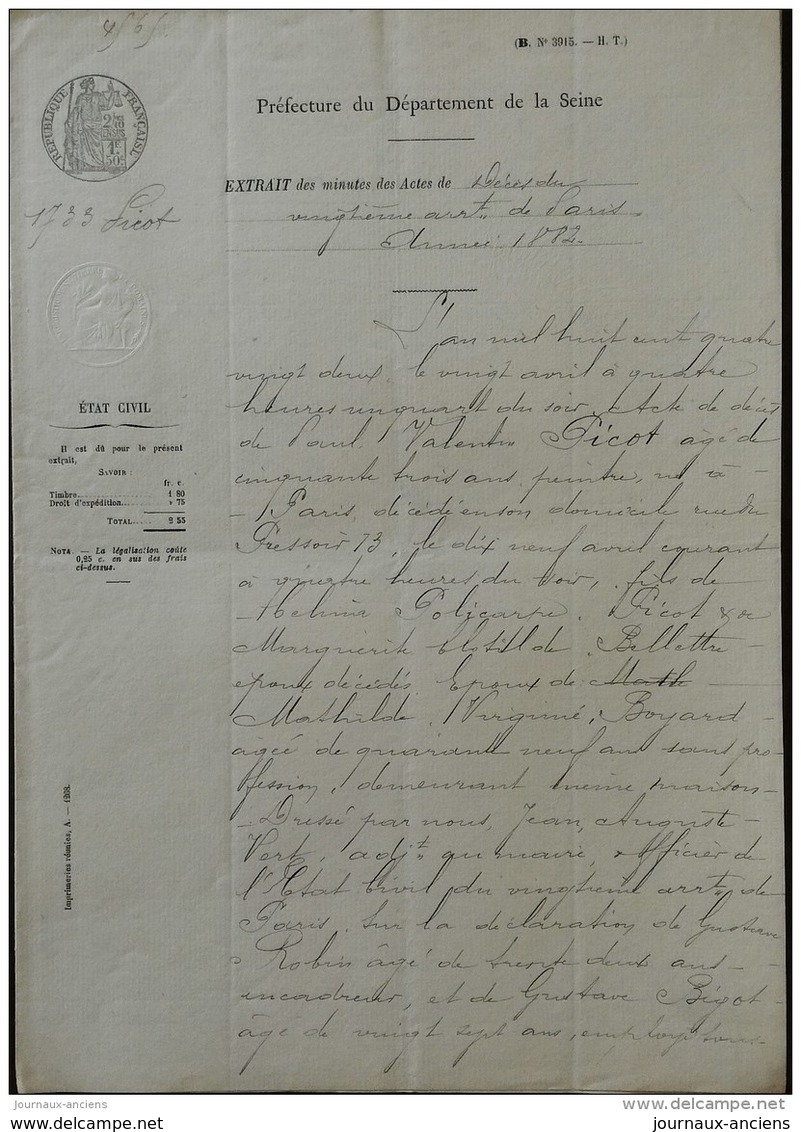 1882 ACTE DE DÉCÉS - DEPARTEMENT DE LA SEINE - PARIS 20 éme - RUE DU PRESSOIR - TIMBRES - Documents Historiques