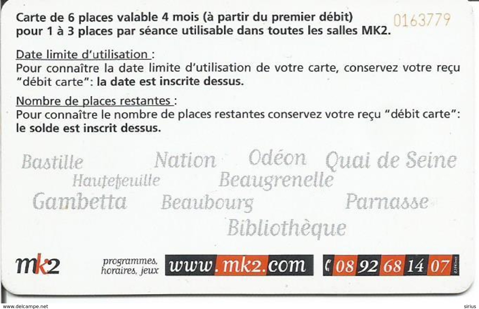 CINECARTE MK2 Paris - Puce SA1 - 6 Places Utilisée - Kinokarten