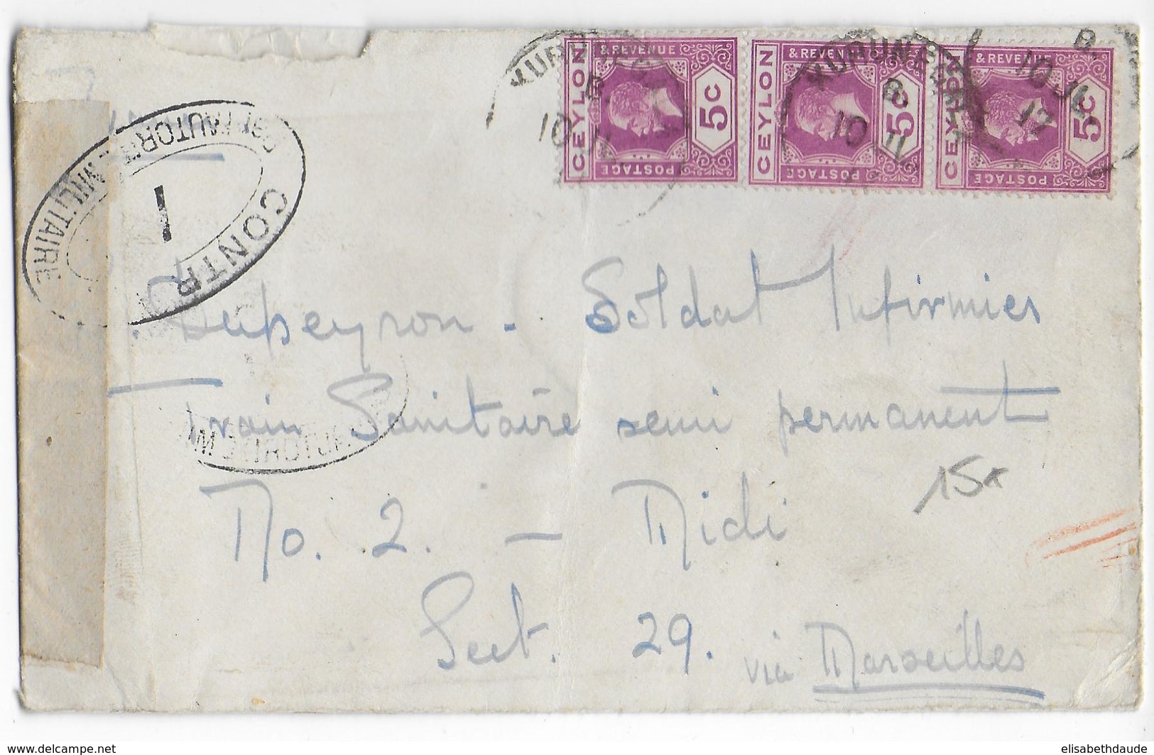 CEYLON - 1917 - ENVELOPPE De KURUNEGALA Avec CENSURE FRANCAISE => SP 29 - Ceylan (...-1947)