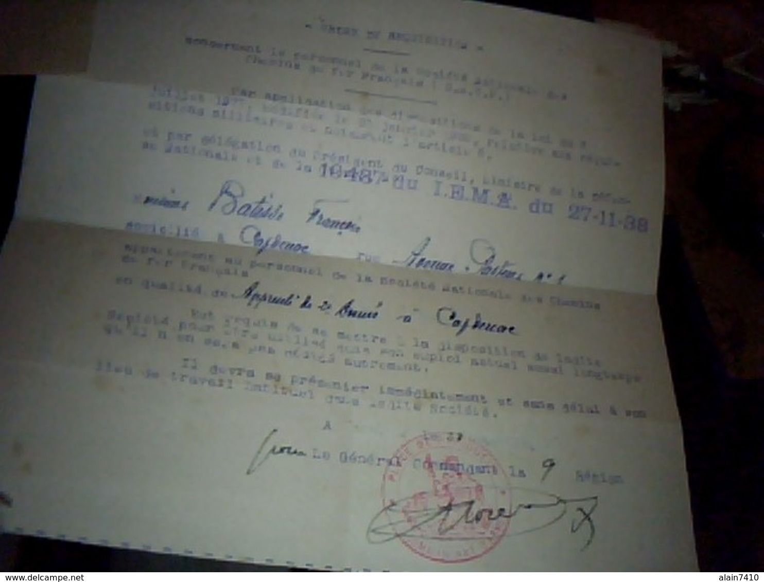 Vieux Papier  Militariat  Genealogie  SNCF  Annee 1938 Ordre De Requisition Militaire D Un Cheminot - Transports