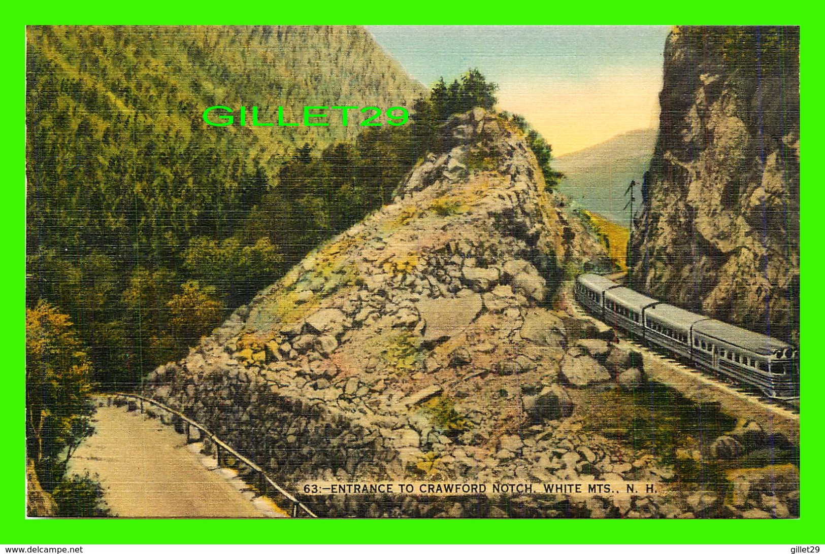 WHITE MOUNTAINS, NH - ENTRANCE TO CRAWFORD NOTCH - TRAINS - PUB. BY THE BISBEE PRESS - - White Mountains