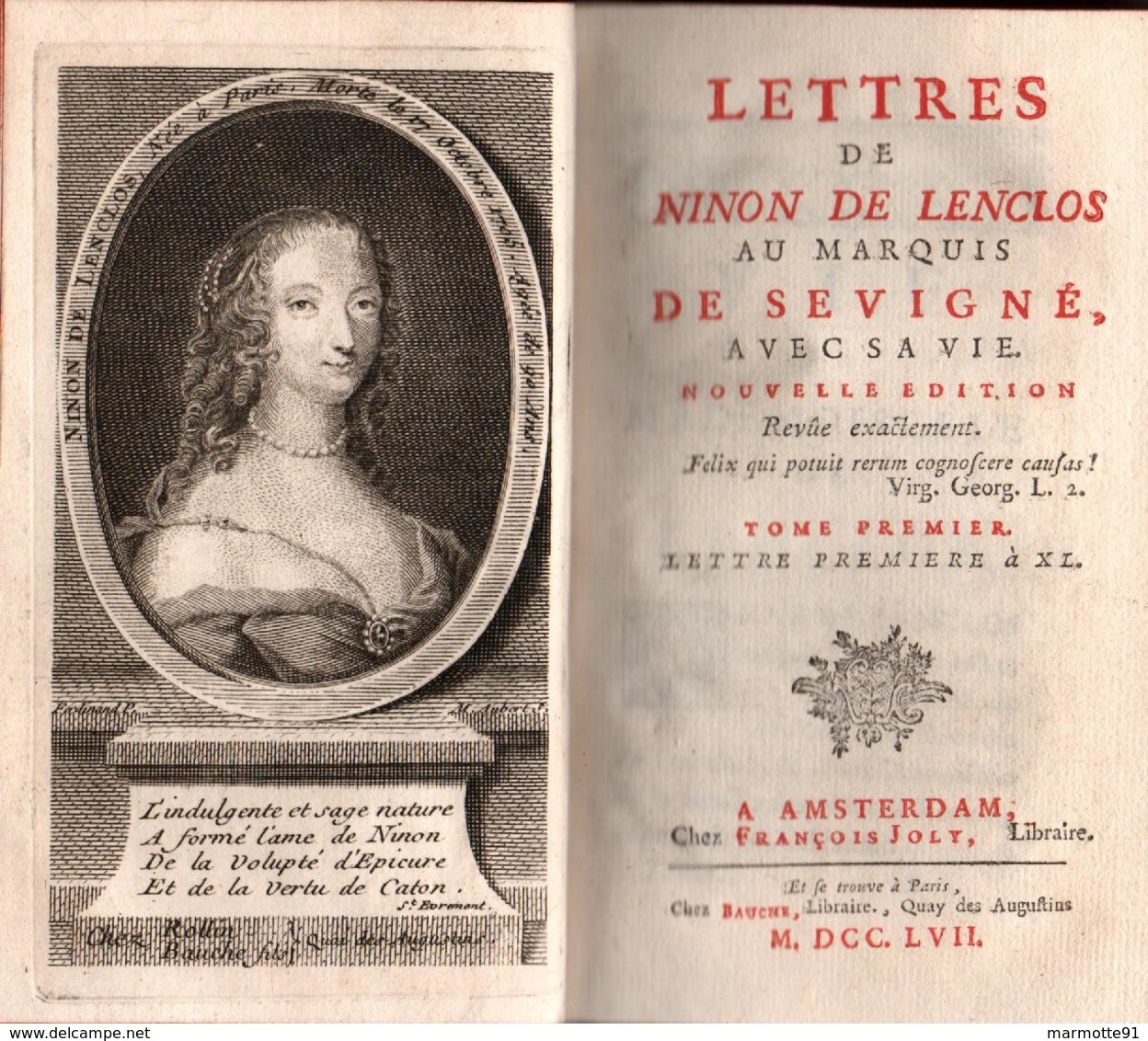LETTRES DE NINON DE LENCLOS AU MARQUIS DE SEVIGNE AVEC SA VIE AMSTERDAM 1757  2 VOLUMES - 1701-1800