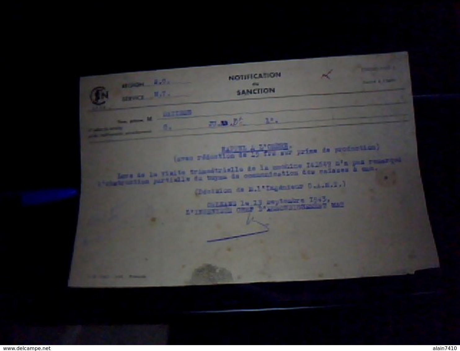 Vieux Papier   SNCF Region So  Mt  I Annee 1943  Notification De Sanction   Rappel A Lordre Avec Reduction De Primes. - Non Classés