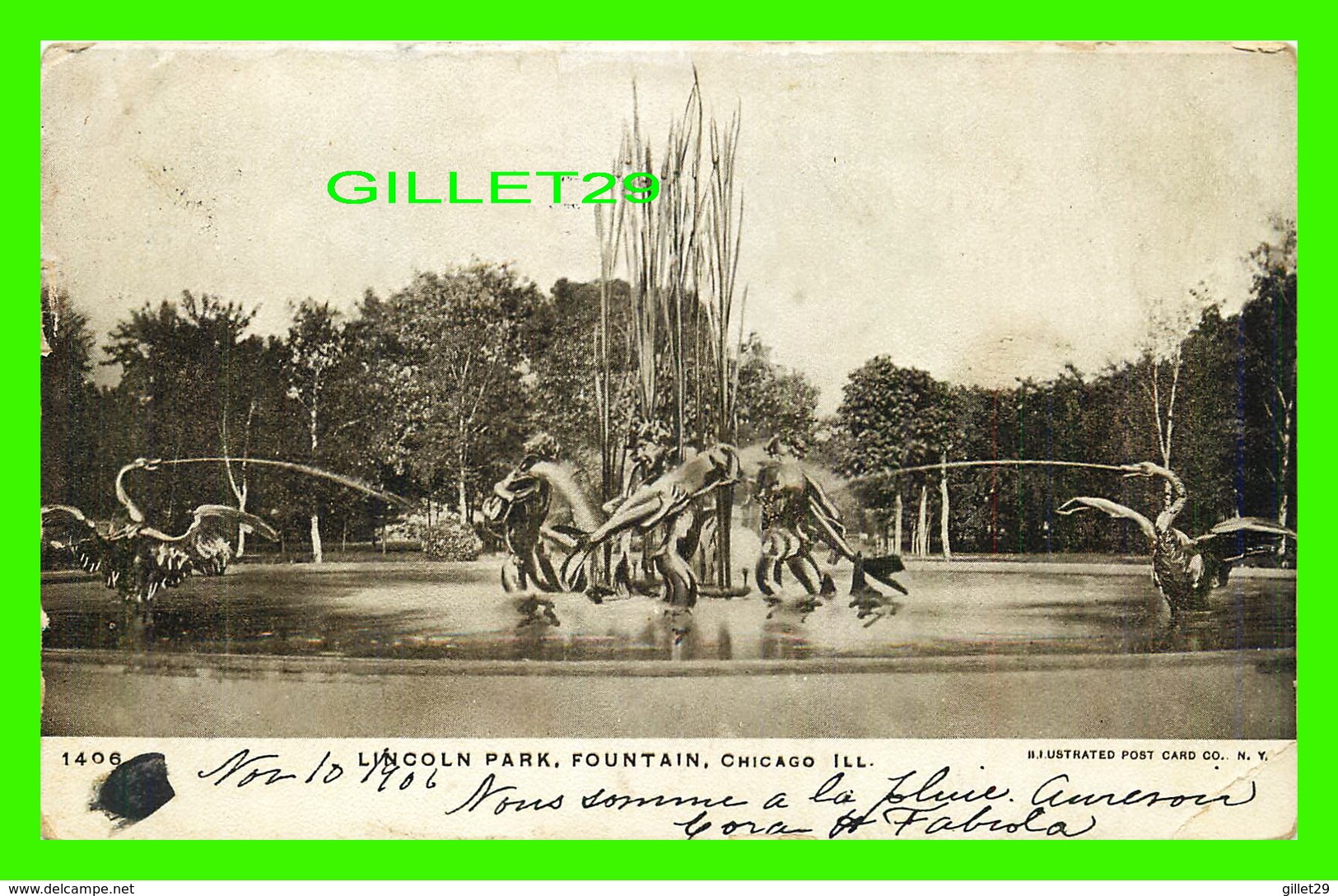 CHICAGO, IL - LINCOLN PARK, FOUNTAIN - ILLUSTRATED POST CARD CO - TRAVEL IN 1906 - UNDIVIDED BACK - - Chicago