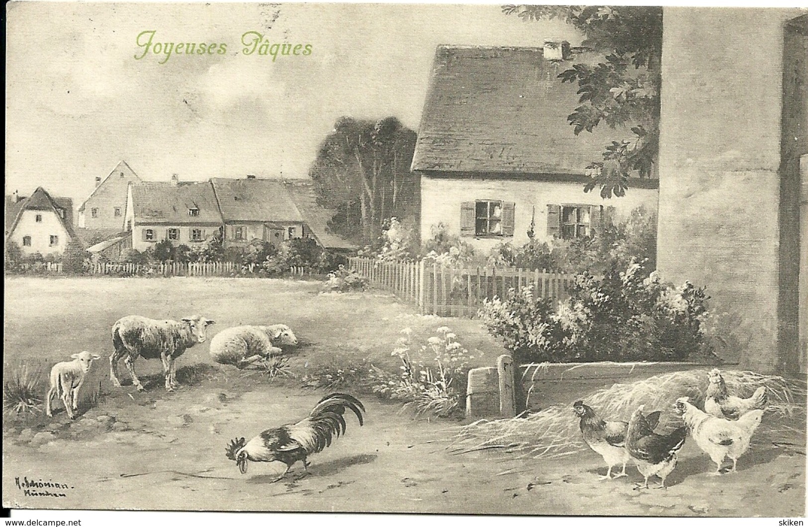 Joyeuses Paques  Ferme Avec Ses Animaux Moutons, Poules Et Coq  ....15.04.1912. - Animaux Habillés