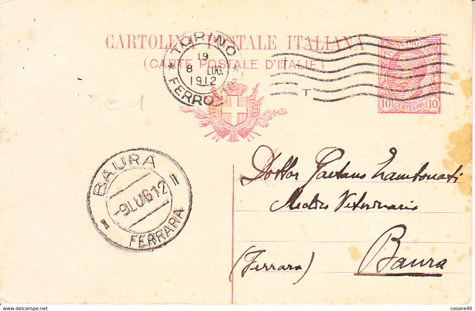 ITALIA - Arrivata A BAURA (ferrara) - Cartolina Postale Del 1912 - 2019-114 - Ferrara