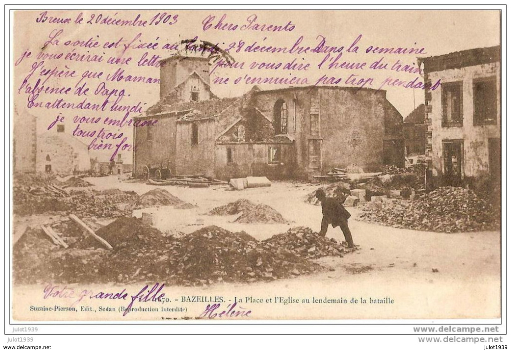 BAZEILLES ..-- 08 . ARDENNES . La Place Et L' Eglise . 1903 Vers DONCHERY ( Mme FAYS - FEYDER ) .. - Sedan