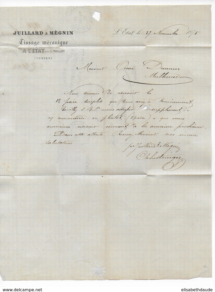 1875 - VOSGES - LETTRE De LE THILLOT Avec SORTIE ROUGE Par BUSSANG => MULHOUSE (CACHET FER à CHEVAL Au DOS) - 1849-1876: Période Classique