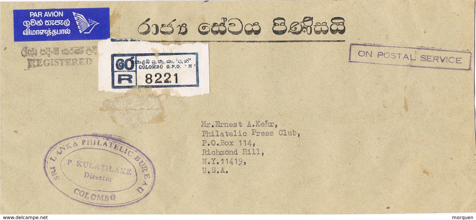 31060. Carta Aerea Certificada COLOMBO (Ceylan) Sri Lanka 1981. ON POSTAL SEREVICE - Sri Lanka (Ceilán) (1948-...)