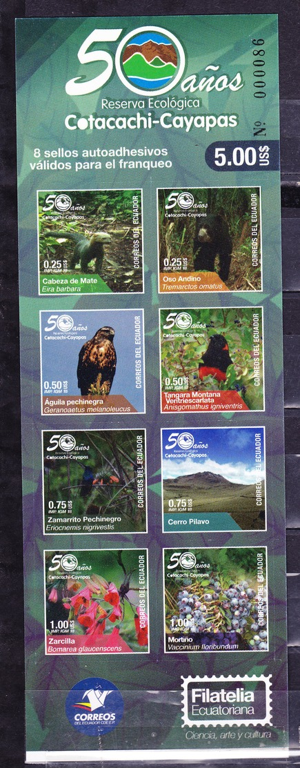 ECUADOR 2018 CARNET 50TH ANNIVERSARY COTACACHI-CAYAPAS RESERVE 8 AUTOADHESIVE ANDEAN BEAR EAGLE MORTIÑO ZARCILLA PILAVO - Ecuador