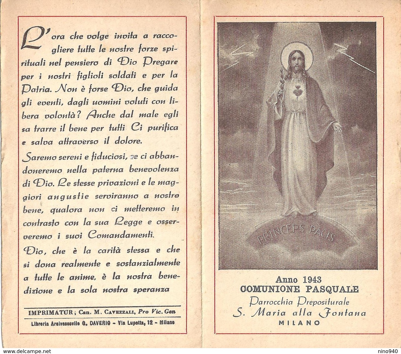 COMUNIONE PASQUALE - MILANO - Parr. S. Maria Alla Fontana- 1943 - A - Mm. 70 X 122 - Religione & Esoterismo