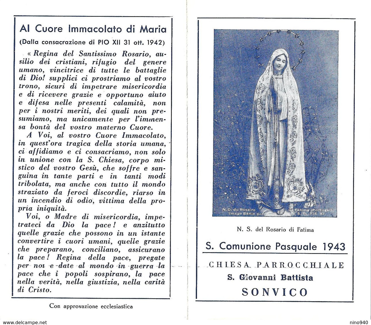 COMUNIONE PASQUALE - SONVICO - Parr. S. Giovanni Battista -  1943 - A - Mm. 70 X 120 - Godsdienst & Esoterisme