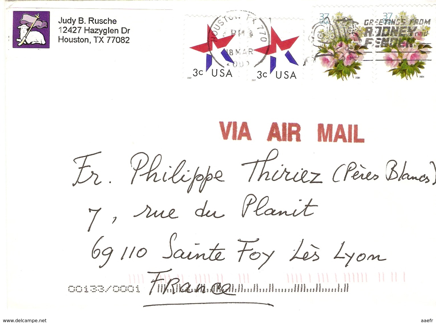 Etats-Unis 2005 - Air Mail - Houston/Texas à Sainte Foy Lès Lyon/France - Robot Flamme Greetings From Rodney And Fender - Lettres & Documents