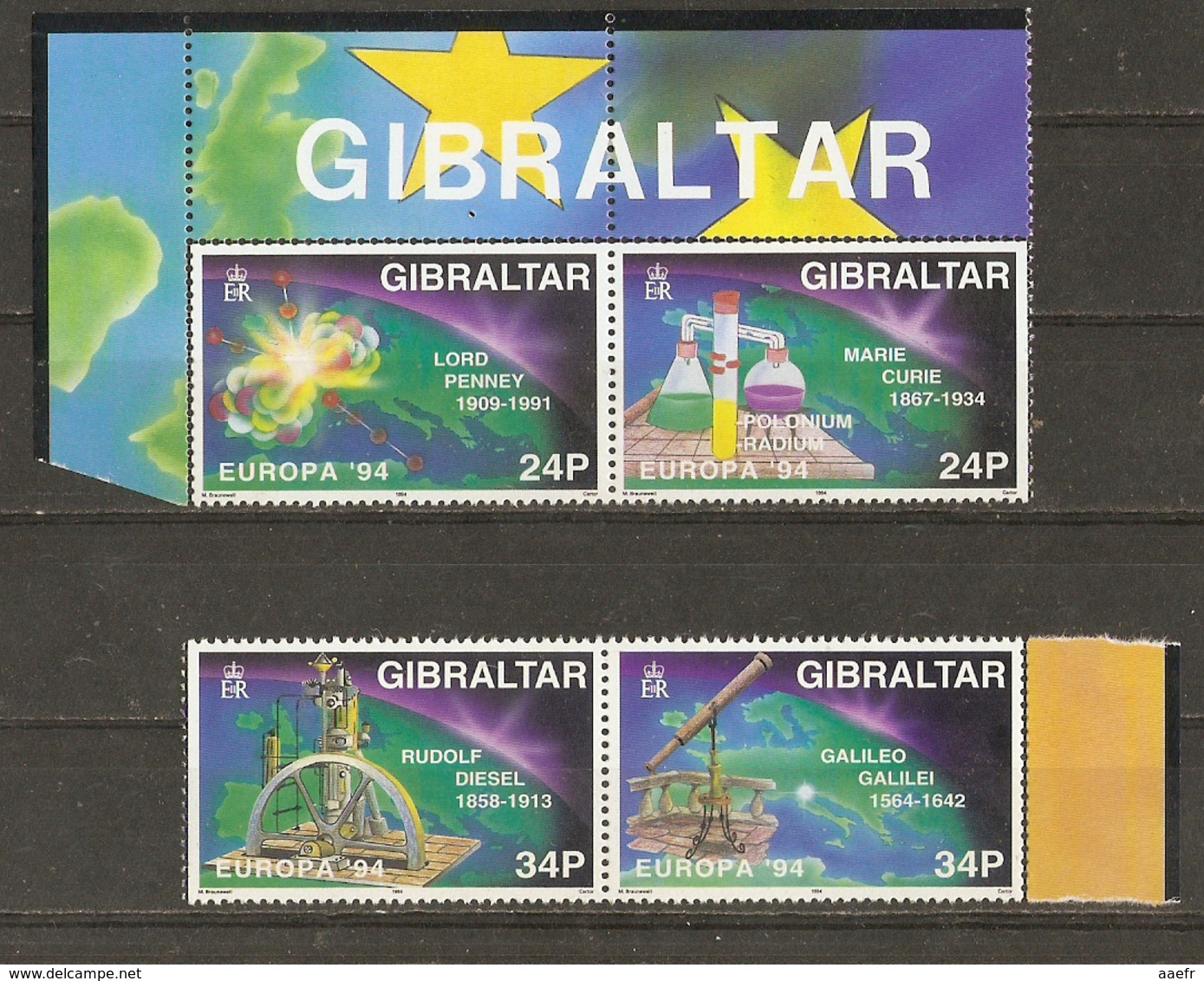 Gibraltar 1994 - Europa Découvertes - Série Complète MNH - 692/95 - Paires Se Tenant BDF - Curie - Diesel - Galilée - Gibraltar