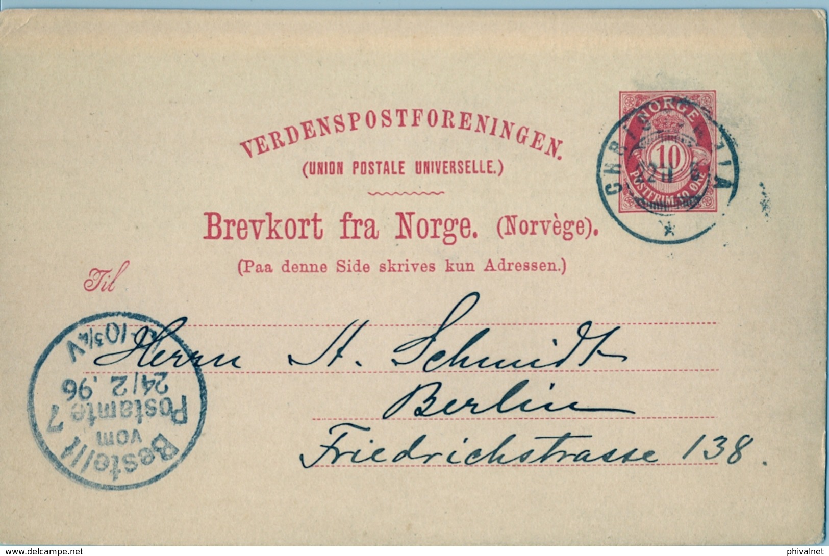 1896 , NORUEGA , ENTERO POSTAL CIRCULADO , KRISTIANIA - BERLIN , LLEGADA - Enteros Postales