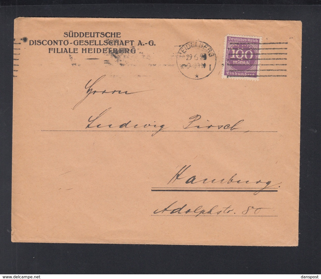 Dt. Reich Brief 1923 Süddeutsche Disconto-Gesellschaft AG Heidelberg Lochung - Briefe U. Dokumente