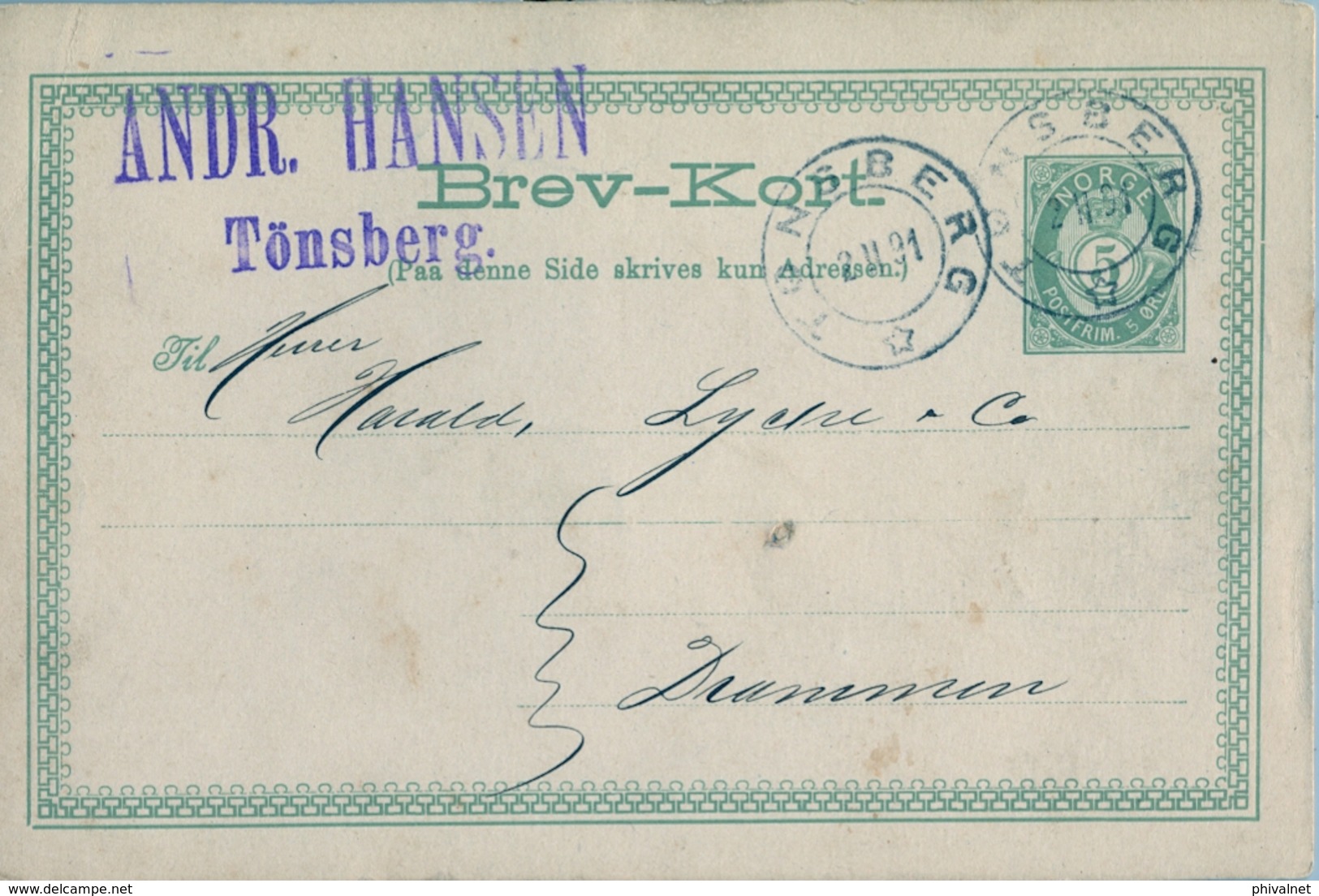 1891 , NORUEGA , ENTERO POSTAL CIRCULADO , TÖNSBERG - DRAMMEN - Enteros Postales