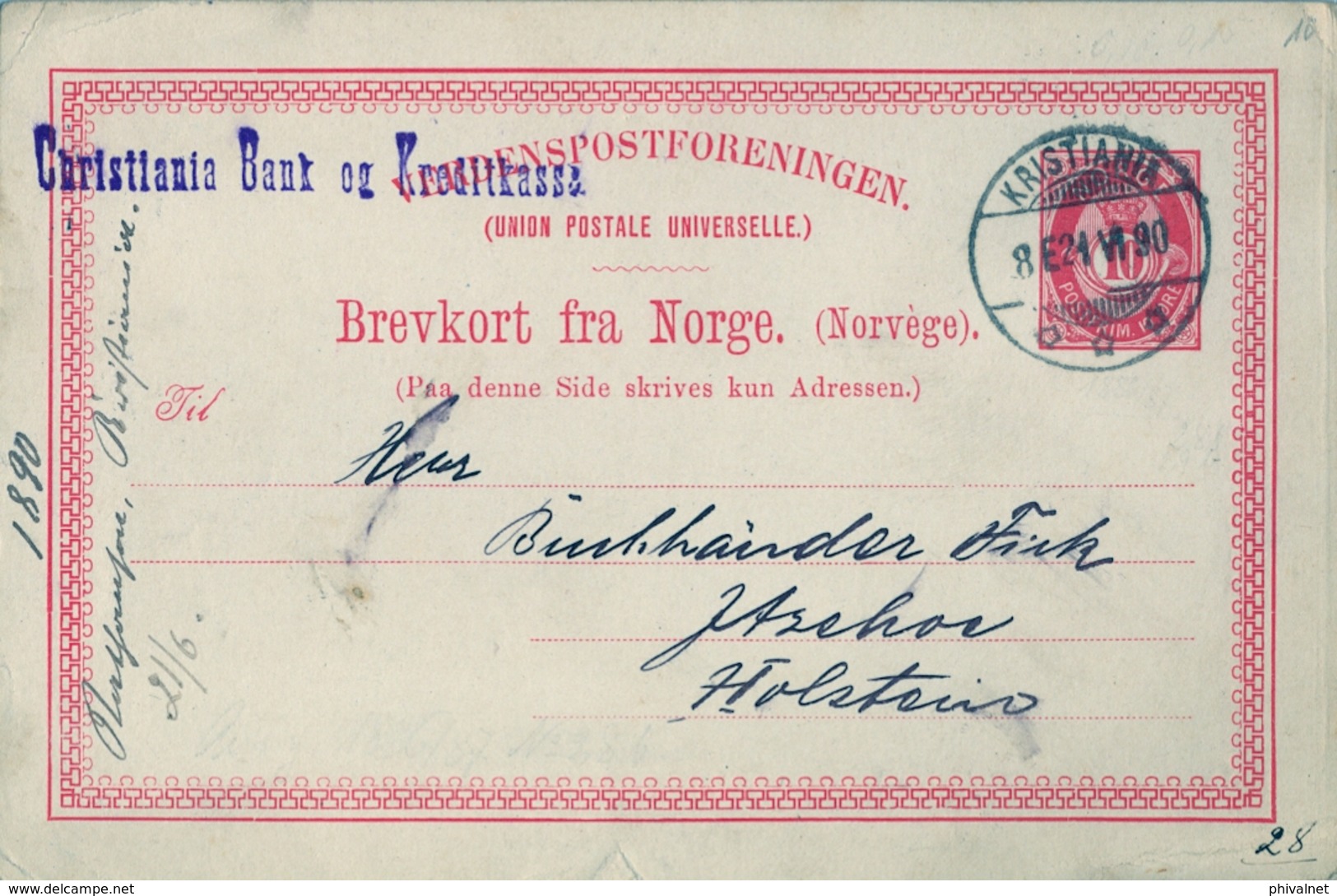 1890 , NORUEGA , ENTERO POSTAL CIRCULADO , KRISTIANIA - HOLSTEIN , " CHRISTIANIA BANK " - Ganzsachen