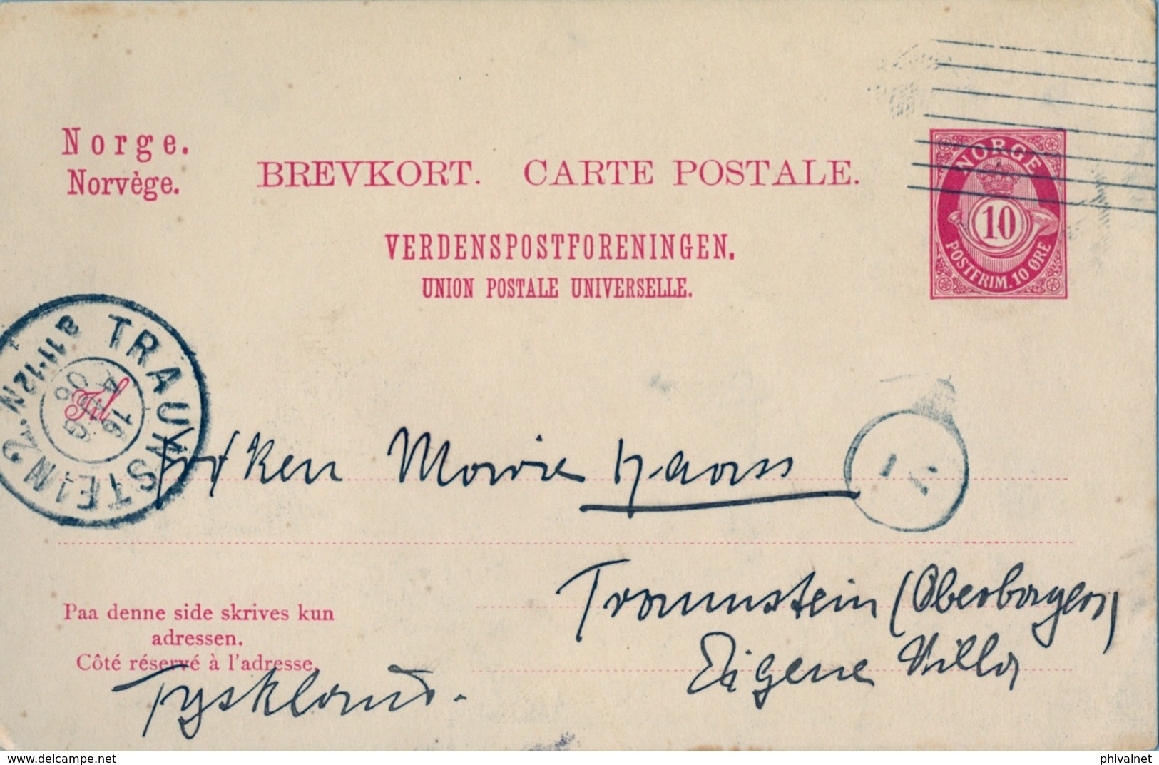 1906 , NORUEGA , ENTERO POSTAL CIRCULADO , TRONDHEIM - TRAUNSTEIN , LLEGADA - Enteros Postales