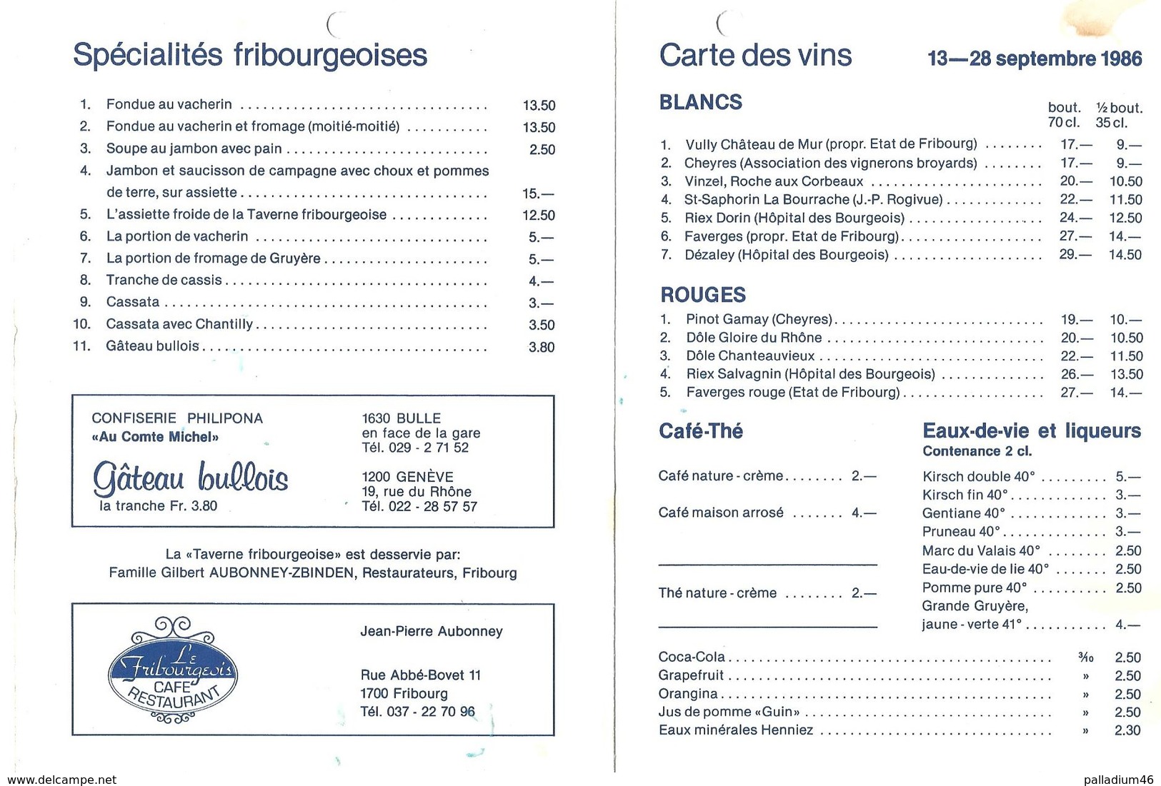 VAUD LAUSANNE COMPTOIR SUISSE 1986 TAVERNE FRIBOURGEOISE - CARTE DES VINS - SPÉCIALITÉS - PUBLICITÉ - Non Classés