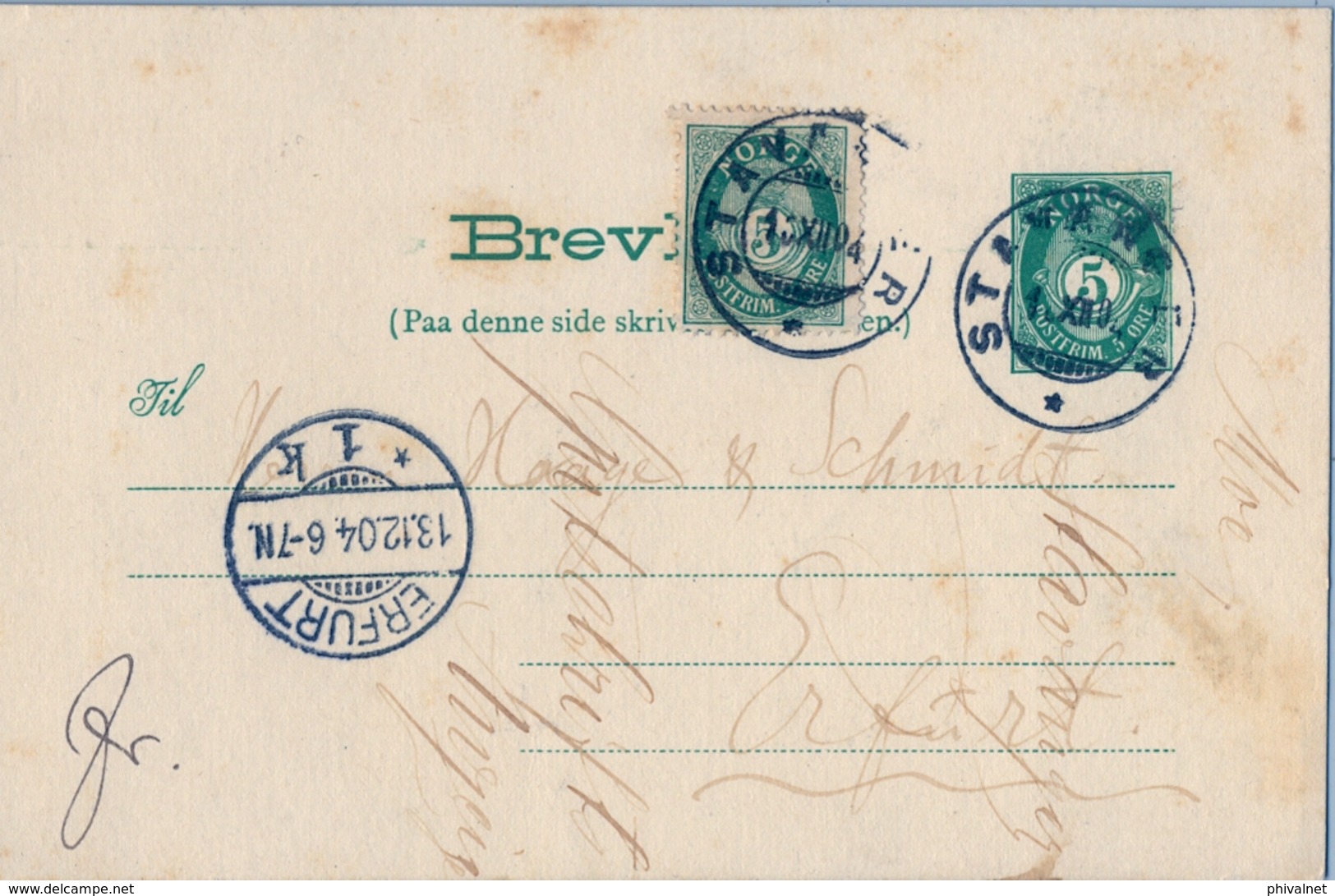 1904 , NORUEGA , ENTERO POSTAL CIRCULADO , STAVANGER - ERFURT , LLEGADA - Enteros Postales