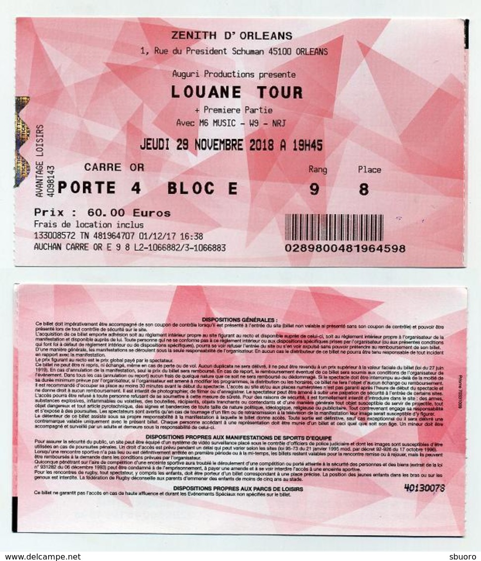 Ticket Concert Louane (Louane Tour) - Carré Or - Zénith Orléans Jeudi 29 Novembre 2018 - Tickets De Concerts