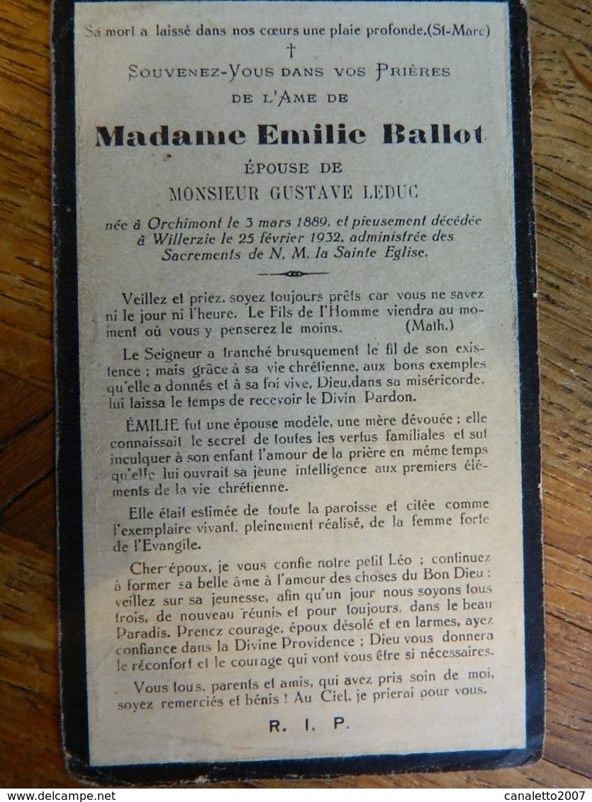 ORCHIMONT +WILLERZIE:SOUVENIR DE DECE DE EMILIE BALLOT EPOUSE GUSTAVE LEDUC 1889-1932 - Devotieprenten