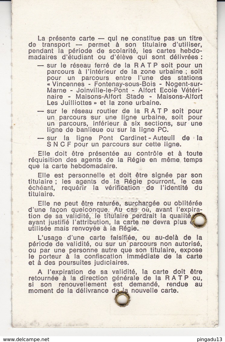 Au Plus Rapide Carte D'identité RATP Année 1972-73 Excellent état - Autres & Non Classés