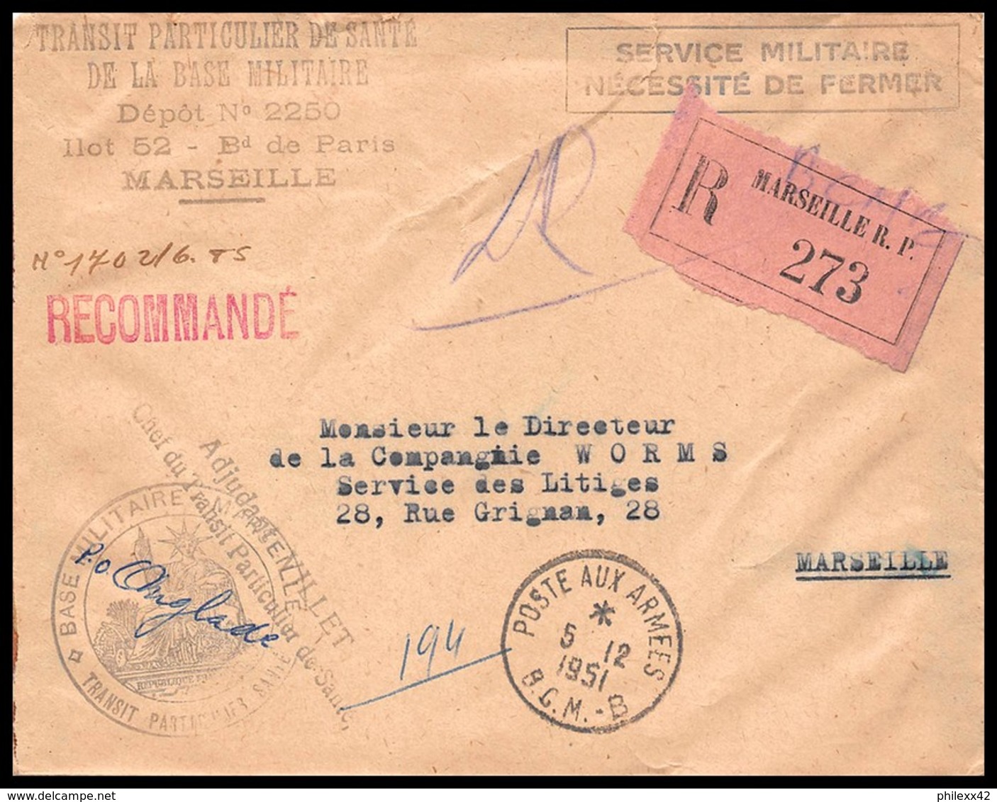 6396 Lettre Cover Bouches Du Rhone Marseille Poste Aux Armées BCM B Recommandé 1951 Santé Militaria - Military Postmarks From 1900 (out Of Wars Periods)