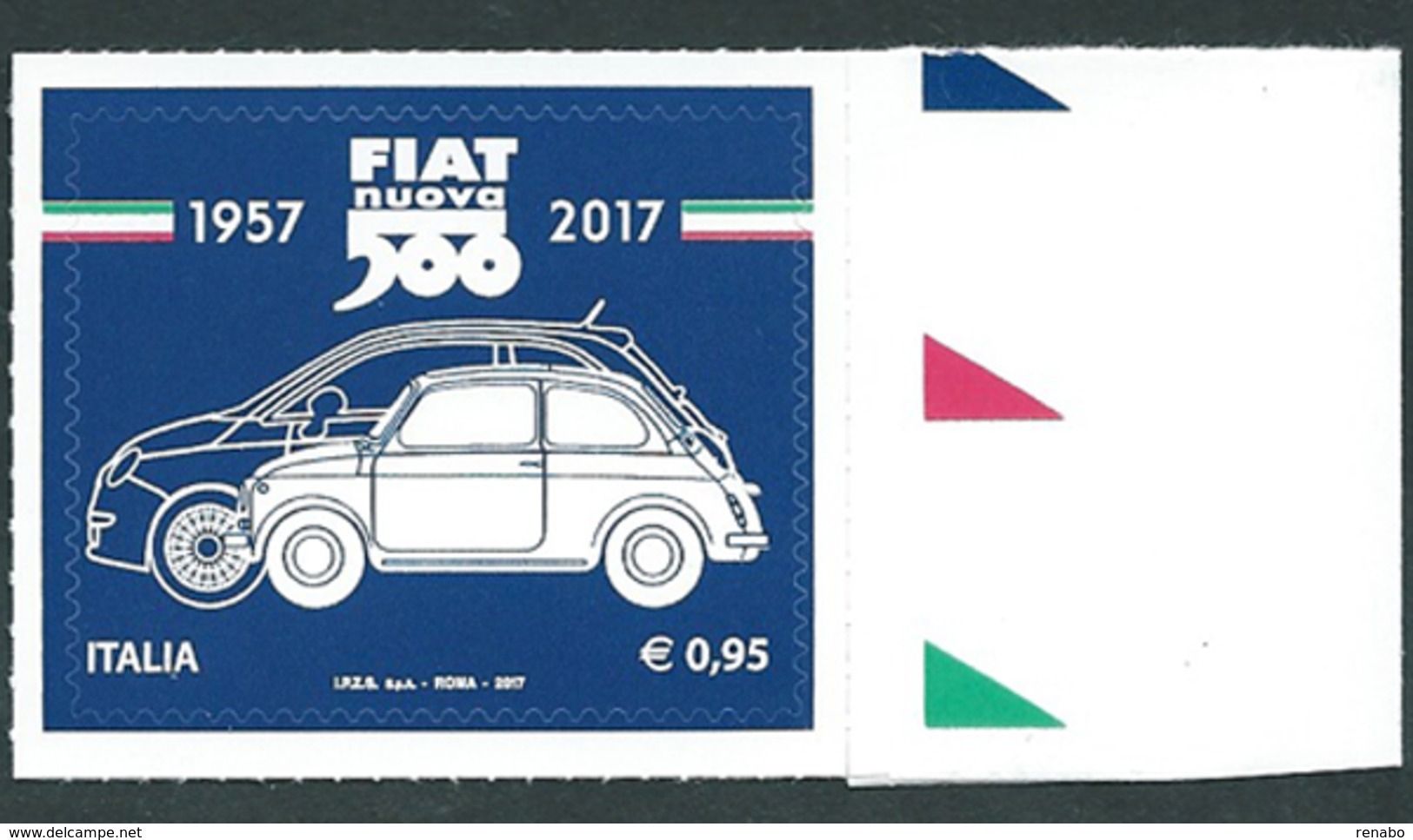 Italia 2017; Fiat Nuova 500, Nel 60° Della Produzione. Francobollo Di Bordo Destro. - 2011-20:  Nuovi