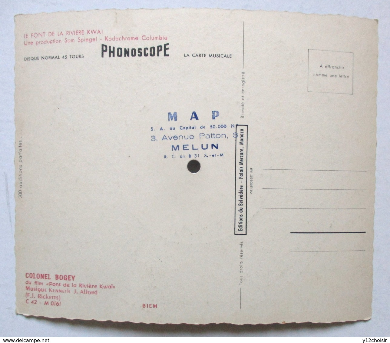 CARTE MUSICALE DISQUE 45 TOURS PHONOSCOPE LE PONT DE LA RIVIERE KWAI  TAMPON M.A.P. MELUN - Autres & Non Classés