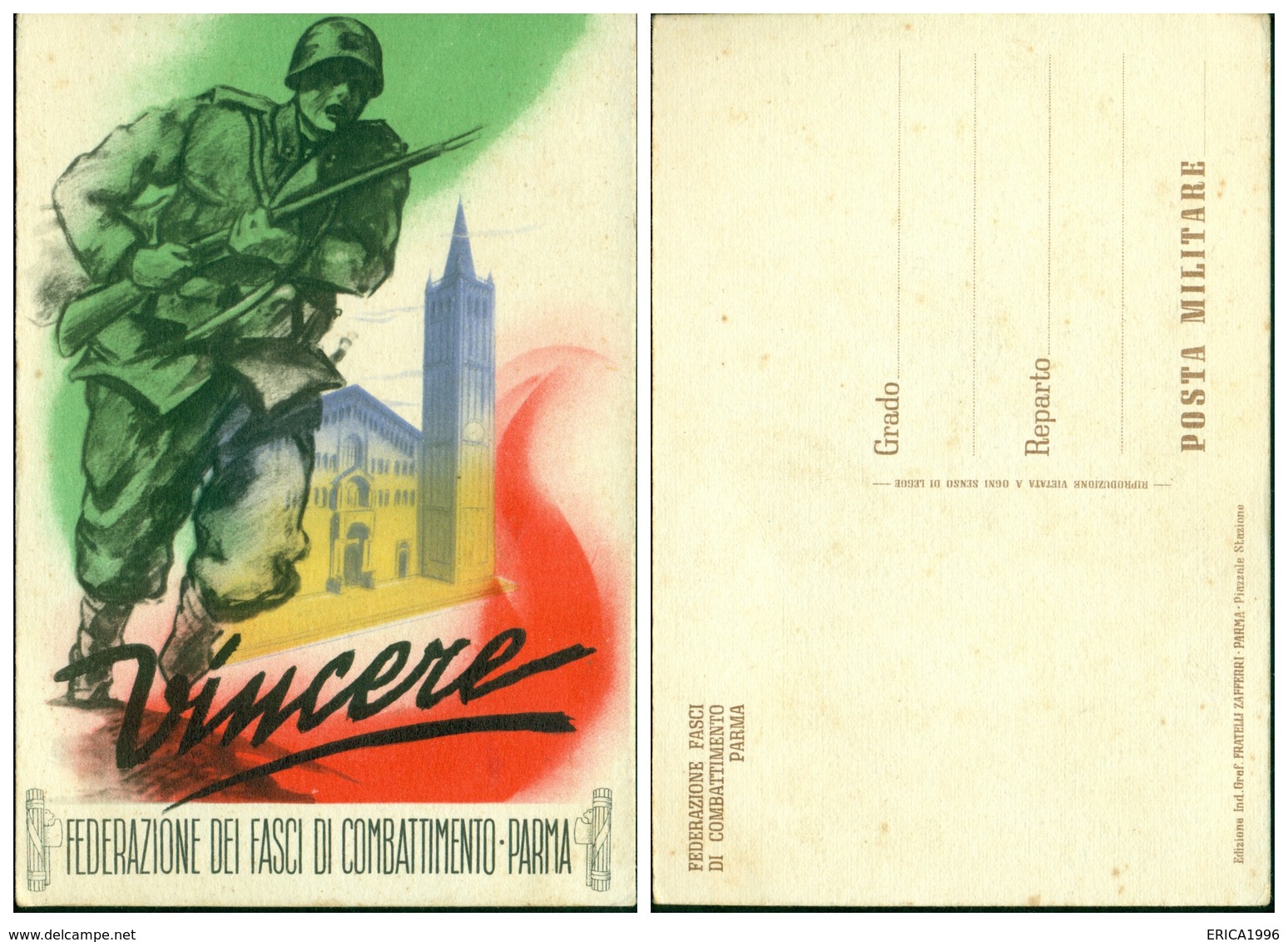 CARTOLINA -cV1971 FASCISMO Cartolina Postale - Vincere Federazione Dei Fasci Di Combattimento Parma, FG, Non Viaggiata, - Guerre 1939-45