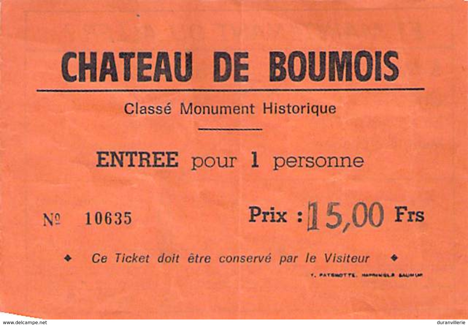 Ticket D'Entrée Le Château De Boumois Saint Martin De La Place - Tickets D'entrée