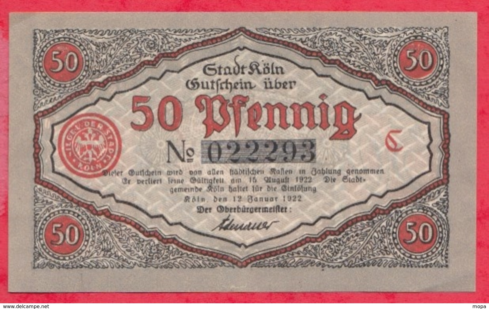 Allemagne 1 Notgeld De 50 Pfenning  Stadt Köln (RARE) UNC  N °2740 - Sammlungen