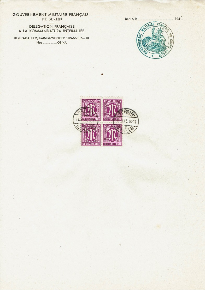 Bloc De 4 Timbres AM Post Deutschland 12 Pfg S/ Papier à Lettre Gouvernement Militaire Français - Blocs